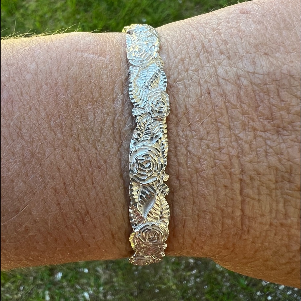 Vintage Sterling Silver Diamond Cut Rose Flower Leaf Cuff Bracelet